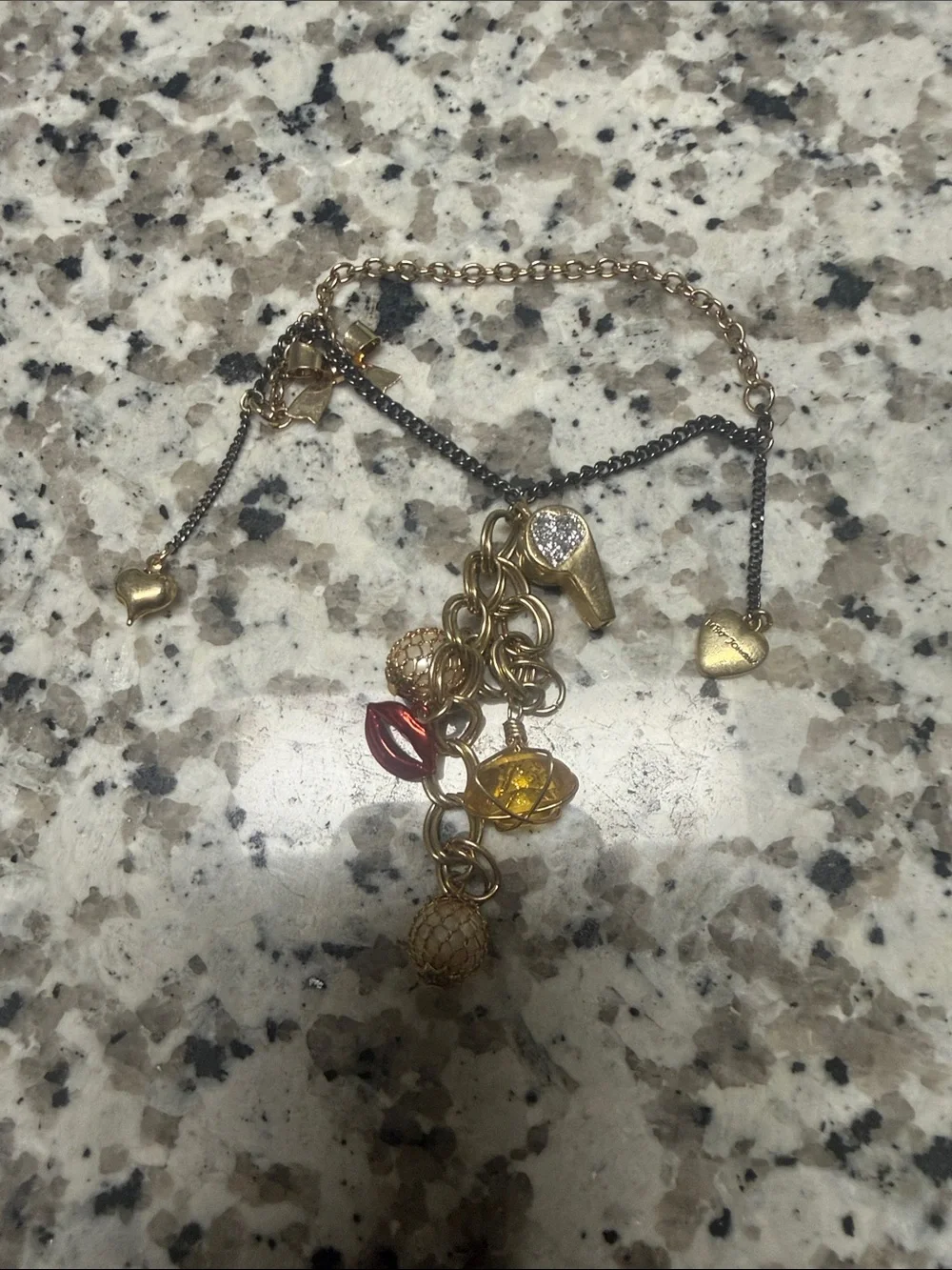 Gold Tone Heart and Charm Drop Bracelet with Red and Yellow Accents